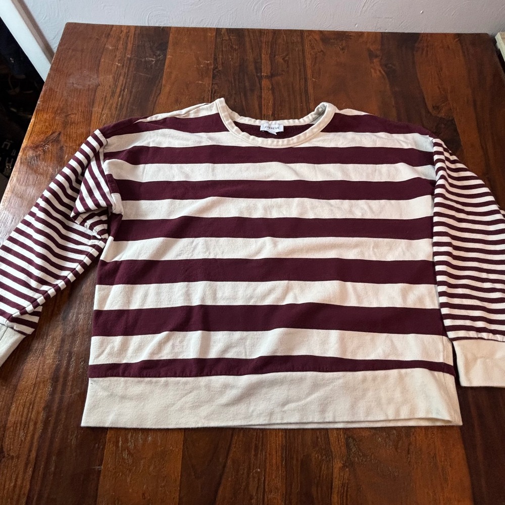 Evereve Womens XL Burgundy Cream Striped Pullover Sweatshirt French Terry Boxy